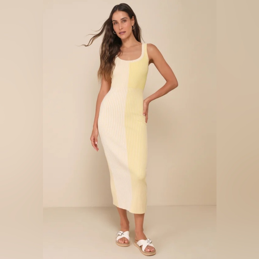 Lulus Radiant Personality Yellow Color Block Ribbed Knit Midi Dress - Size S